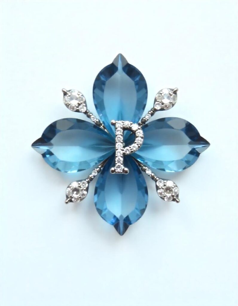 סיכה בצורת פרחוניות עם ארבעה עלי כותרת כחולים אבני חן גדולים המתוארים בכסף, המקיפים אות כסף מרכזית "P". כל קצה עלה כותרת מודגש באבני חן שקופות עגולות קטנות. לסיכה גימור בהיר ומחזיר אור על רקע לבן רגיל.